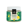 Foodin Green Superfood Fresh Lemon-Lime; 120 g:n purkki vihreää superfoodjauhetta sitruuna-limemaulla; lieriön muotoinen pakkaus mattapintaisella vihreällä etiketillä ja mustalla kierrekorkilla; etiketissä sitruuna-, lime- ja lehtivihanneskuvia sekä lihavoitua valkoista ja keltaista groteskitekstiä probiooteista ja superfoodeista; neutraali tausta, ei ihmisiä tai toimintaa, studiokuva.