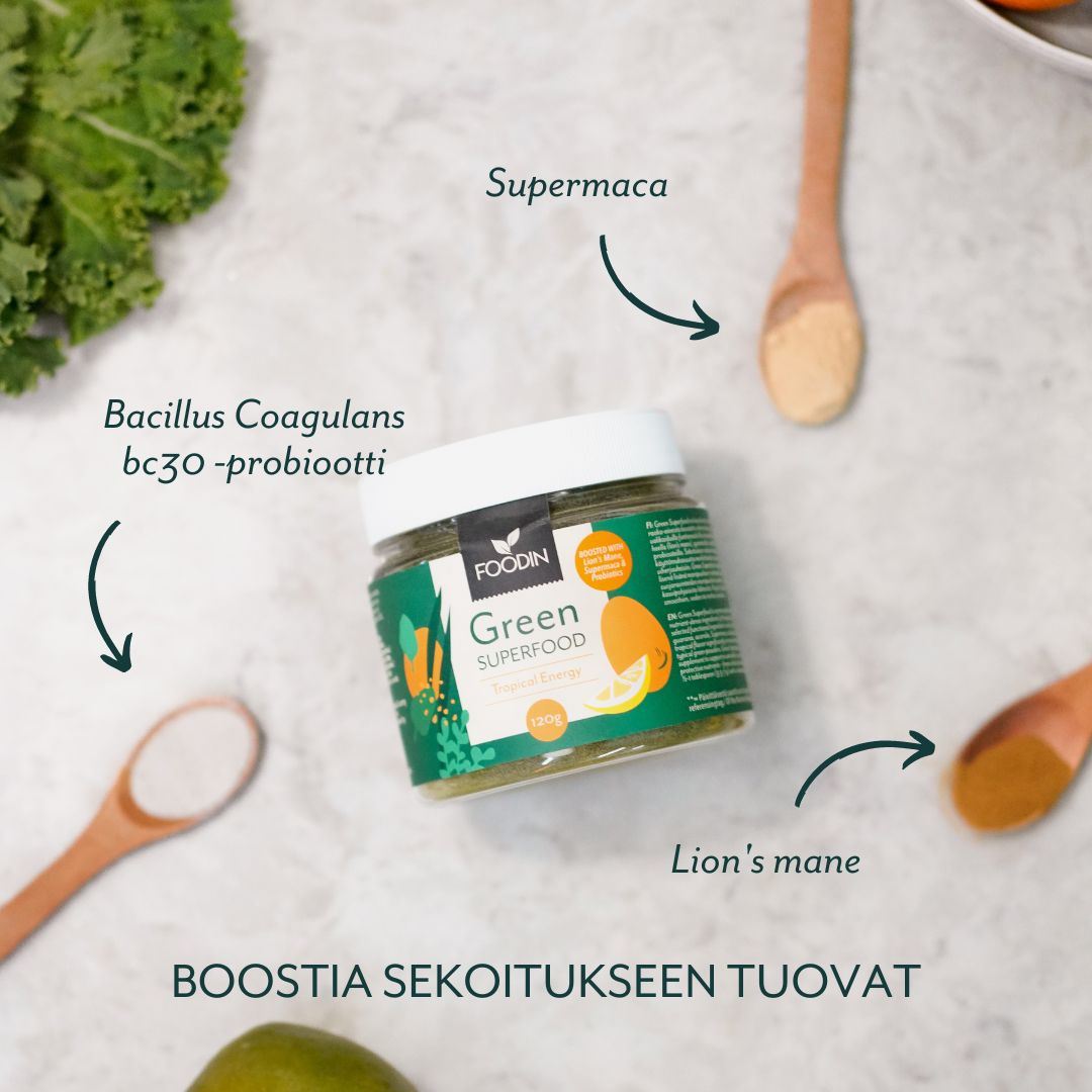 A jar labeled Green Superfood is surrounded by wooden spoons holding vibrant powders, with text highlighting ingredients such as Bacillus Coagulans bc30 probiotic, Supermaca, and Lion’s Mane. The container is cylindrical with a matte finish and features clear block lettering. The background includes whole and sliced fresh greens and fruits on a flat surface. No people or hands are present in the shot.