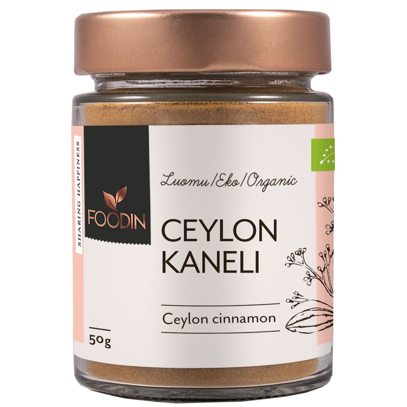 A glass jar of Foodin brand organic Ceylon cinnamon with a copper lid, white label, and black text. The label has a botanical-style illustration and the text “organic” and “50g” are clearly displayed. The surface is glossy, the jar has straight sides, and the background is plain. No people or hands visible. Close-up product shot.