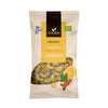 Foodin Luomu Curry-Lemon Cashew; beige pussi Foodin-merkkisille luomu-kuivapaahdetuille curry-sitruunacashewpähkinöille, etusivulla kuvia cashewpähkinöistä, sitruunasta ja mausteista sekä luomusertifiointimerkki oikeassa yläkulmassa; mattapintainen suorakulmainen pakkaus; fontti lihavoitu ja moderni; pussi pystyssä neutraalia taustaa vasten studiokuvassa, ei ihmisiä tai käsiä.