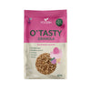 A 350g bag of Foodin OTasty Granola, Raspberry Muffin flavor, in pink and beige matte packaging. The bag has a rectangular shape with a resealable top. Typography includes bold sans-serif for the product name and smaller text for features. Label states: no added sugar, no palm or seed oil, no dairy, no wheat, nut-free. Neutral background; single product shot; no people or hands visible.