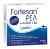 A box of Fortesan PEA dietary supplement with added choline and vitamin B6. The rectangular box has blue and white matte packaging, with a horizontal blue band and black sans-serif Finnish text, including “60 kaps.” A product photo of capsules is visible on the package. No people or hands are present. The background is plain white.