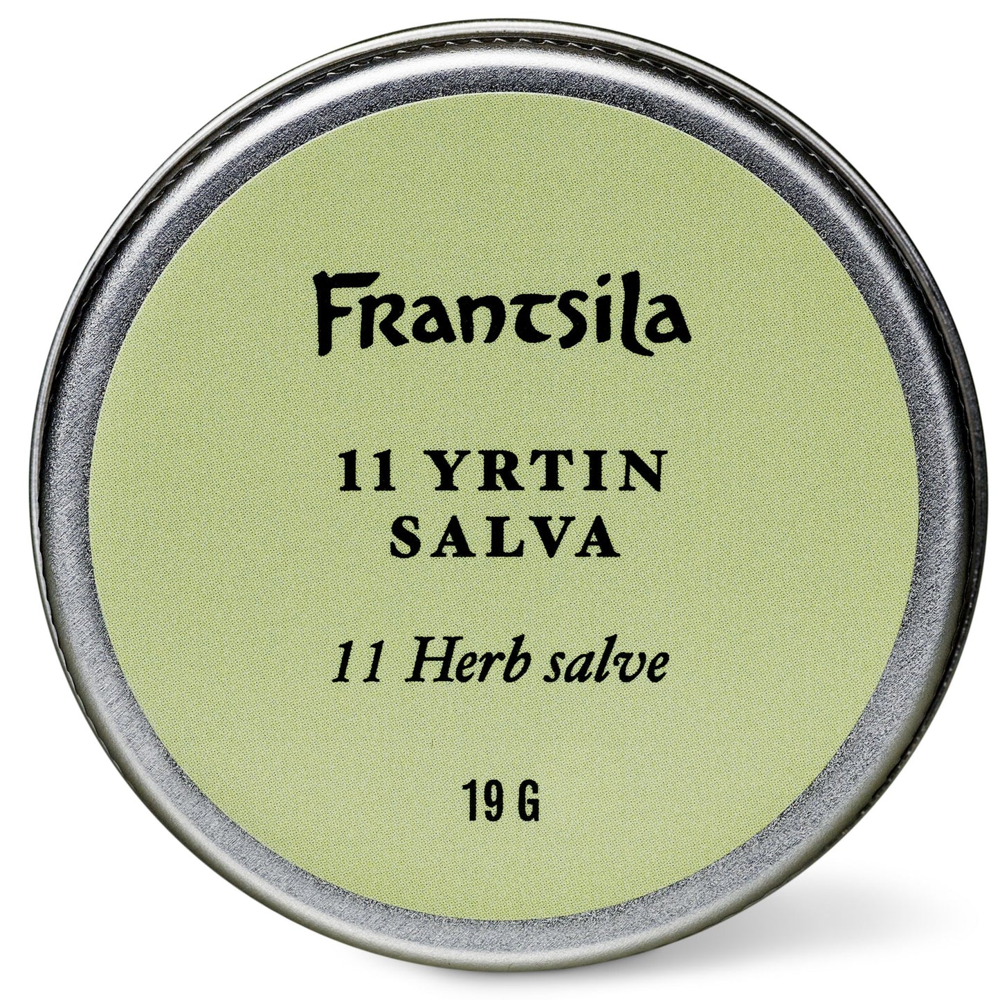 Pyöreä metallitölkki, jossa on vaaleanvihreä etiketti, jossa lukee "Frantsila 11 Yrtin hoitosalva, 19 g", on kuvassa keskellä valkoisella pohjalla. Tämä ihoa hellävaraisesti elvyttävä salva on Frantsilan valmistama.