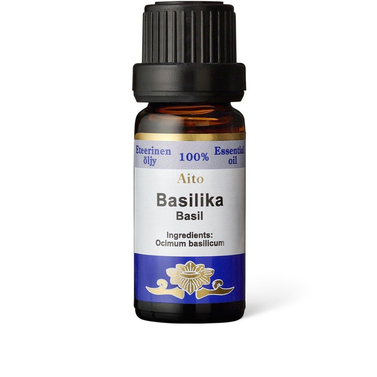 Frantsila Basilika Eteerinen Öljy; pieni ruskea pullo mustalla korkilla tekstillä "Aito Basilika Basil", 100-prosenttinen eteerinen öljy, ainesosana Ocimum basilicum; lieriön muotoinen lasipullo kiiltäväpintaisena muovikorkilla; sinis-valkoisia väriblokkeja, selkeää groteskitekstiä ja vihreä basilikanlehtikuvitus; valkoinen tausta.