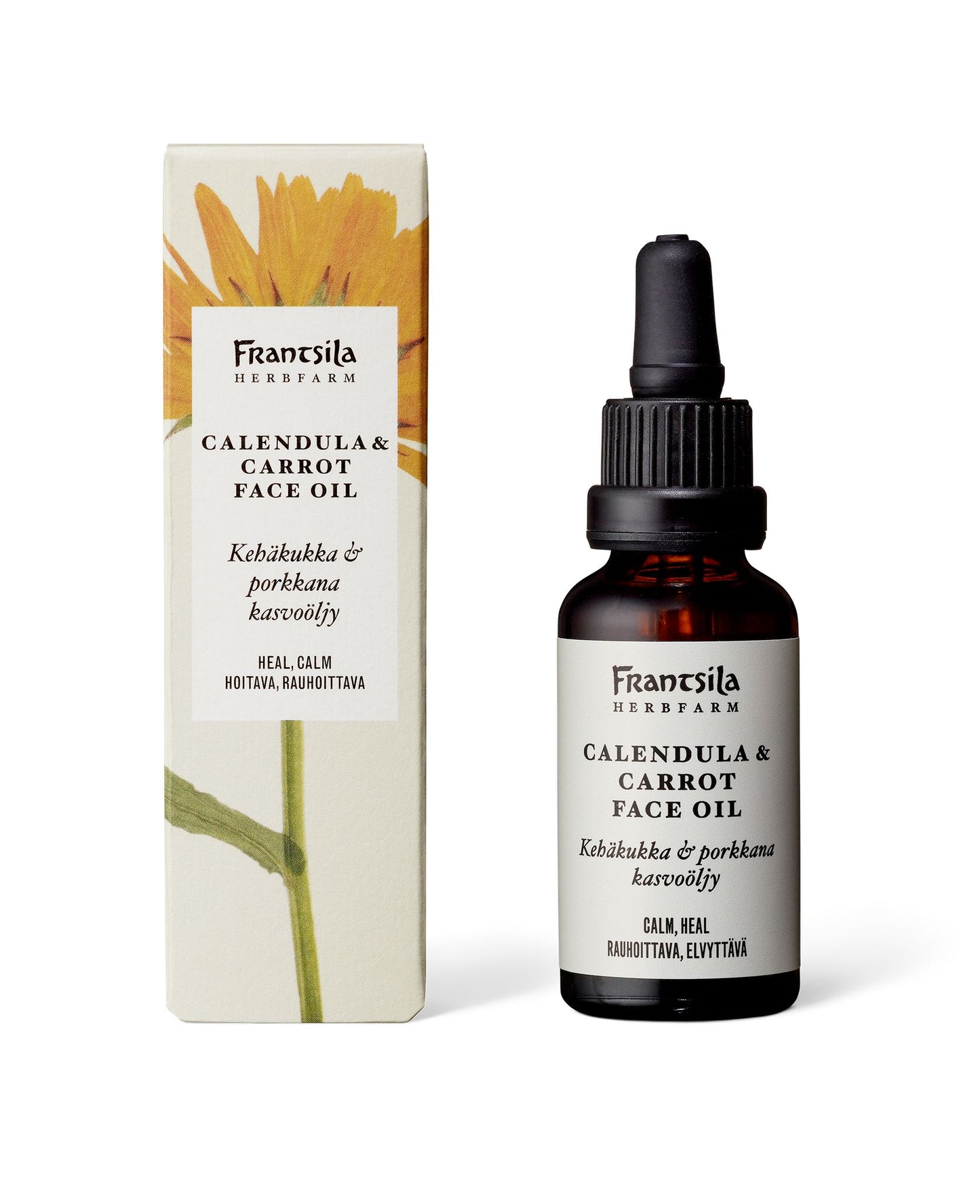 A box and dropper bottle of Frantsila Calendula & Carrot Face Oil. The packaging features a vibrant yellow calendula flower and product text in English and Finnish. The dark amber glass bottle has a matching label design to the box, both with a matte finish. The typography is simple, sans-serif. No people or hands are visible, product shown against a plain background in a straightforward product shot.
