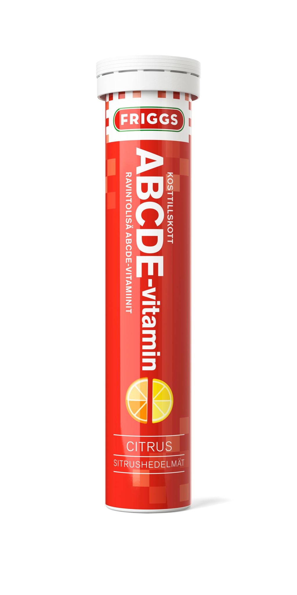 A red tube labeled FRIGGS ABCDE-vitamin with citrus illustrations and both English and Finnish text, containing citrus-flavored vitamin tablets. The tube is cylindrical, plastic, with a matte finish and an opaque white cap. Bold sans-serif lettering appears on the label. The background is plain white with no visible setting, shot is front-facing studio view.
