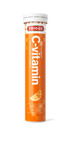 An orange, cylindrical tube with a glossy finish labeled FRIGGS C-vitamin in bold, white sans-serif text. There is an orange slice illustration on the label. The tube is closed at both ends. No people or hands are present. Plain background, studio shot, product centered in frame. An orange tube labeled FRIGGS C-vitamin with white text and an orange slice graphic, indicating it is an orange-flavored vitamin C supplement from FRIGGS.