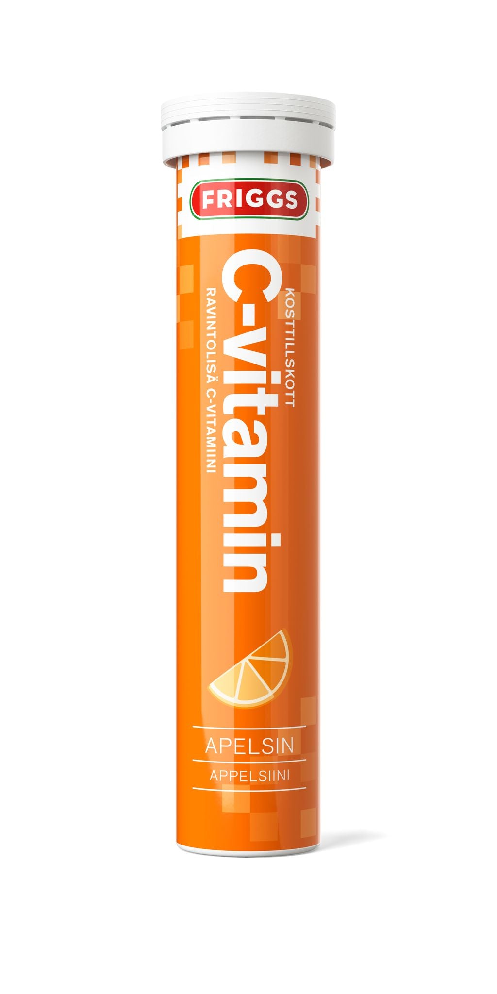 An orange, cylindrical tube with a glossy finish labeled FRIGGS C-vitamin in bold, white sans-serif text. There is an orange slice illustration on the label. The tube is closed at both ends. No people or hands are present. Plain background, studio shot, product centered in frame. An orange tube labeled FRIGGS C-vitamin with white text and an orange slice graphic, indicating it is an orange-flavored vitamin C supplement from FRIGGS.