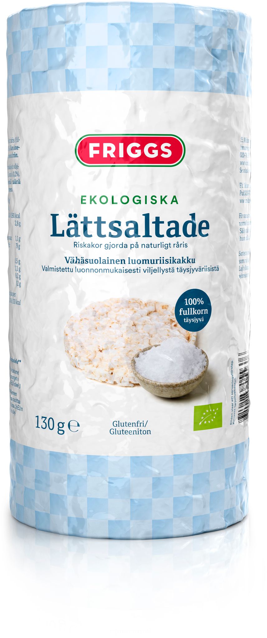 A package of Friggs organic lightly salted rice cakes, labeled as gluten-free and made from wholegrain brown rice. The packaging is cylindrical with a matte white finish and blue checkered side panels. There is a photographic image of a single rice cake on the front. Sans-serif font is used for visible text. Product sits against a plain background in an upright position.