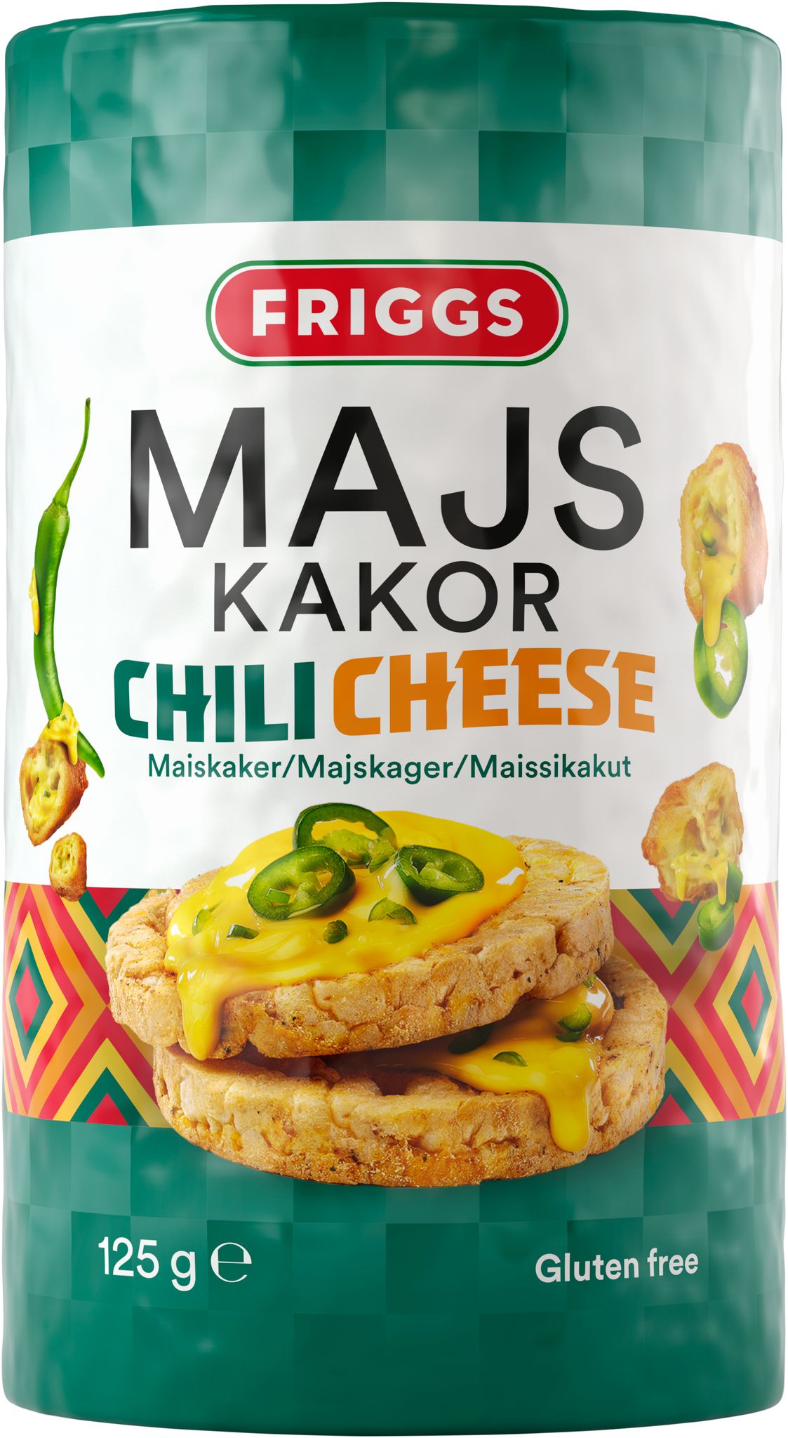 A package of Friggs corn cakes, chili cheese flavor. Cylindrical plastic packaging with a glossy finish; main colors are red, white, and yellow. Printed images show round corn cakes with melted cheese and sliced green jalapeño peppers. Label includes the words “125g,” “gluten free,” and “crunchy texture.” No people or hands visible; photographed against a plain background.