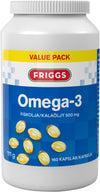 A white plastic bottle labeled Friggs Omega-3 has a smooth matte finish, cylindrical shape, and screw cap. The label shows yellow capsule illustrations and includes quantity (160 capsules) and dosage (500 mg fish oil), with “Value Pack” clearly stated. Text appears in Swedish and Finnish. The bottle is photographed upright against a plain white background. No people or other items are present in the image.