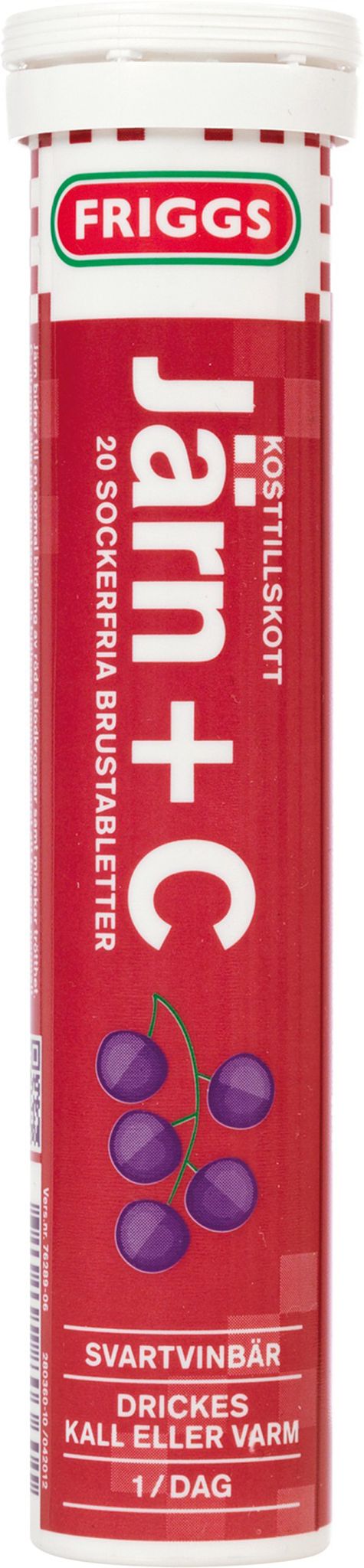 A red tube labeled FRIGGS Järn+C features images of purple currants on the packaging. The tube is cylindrical with a glossy surface and a white cap. The label uses bold, sans-serif typography in white and black against the red background. Product information text appears primarily in Swedish, including “20 brustabletter” and blackcurrant flavor references. No people or hands are present, and the product is photographed against a plain white background, shown upright in a clear product shot.