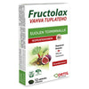 Fructolax Vahva Tuplateho tabletit; laatikko Fructolax Vahva Tuplateho -tabletteja Ortis Laboratoiresin brändillä, suomenkieliset tuotetiedot sekä eloisat kuvat raparperista, viikunoista ja tamarindista; laatikko suorakulmainen mattapintaisena, pääväri valkoinen vihrein ja punaisin tehostein; lihavoitu tuotenimi isolla groteskikirjasimella keskellä; pakkaus sisältää 12 tablettia ruuansulatuksen tueksi.
