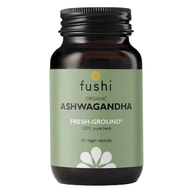 Fushi Ashwagandha vegaanikapselit, ashwagandhajuurijauhe lasipurkissa