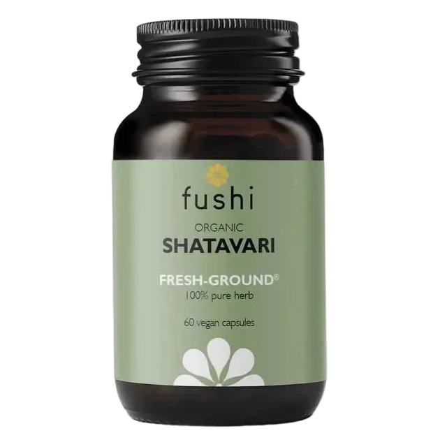 Fushi Organic Shatavari 60 vegaanikapselia, shatavarijuurijauhe lasipurkissa