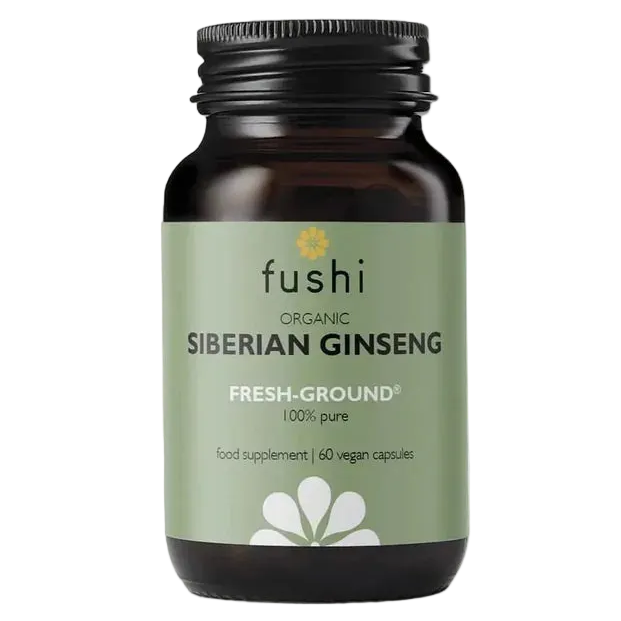 Fushi Siberian Ginseng 60 vegaanikapselia, venäjänjuurijauhe lasipurkissa