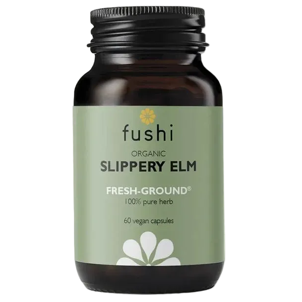 Fushi Slippery Elm 60 vegaanikapselia, jalavankuorijauhe lasipurkissa