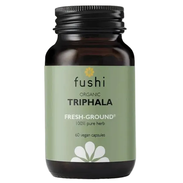 Fushi Triphala 60 vegaanikapselia, kolmen hedelmän ayurvedajauhe lasipurkissa