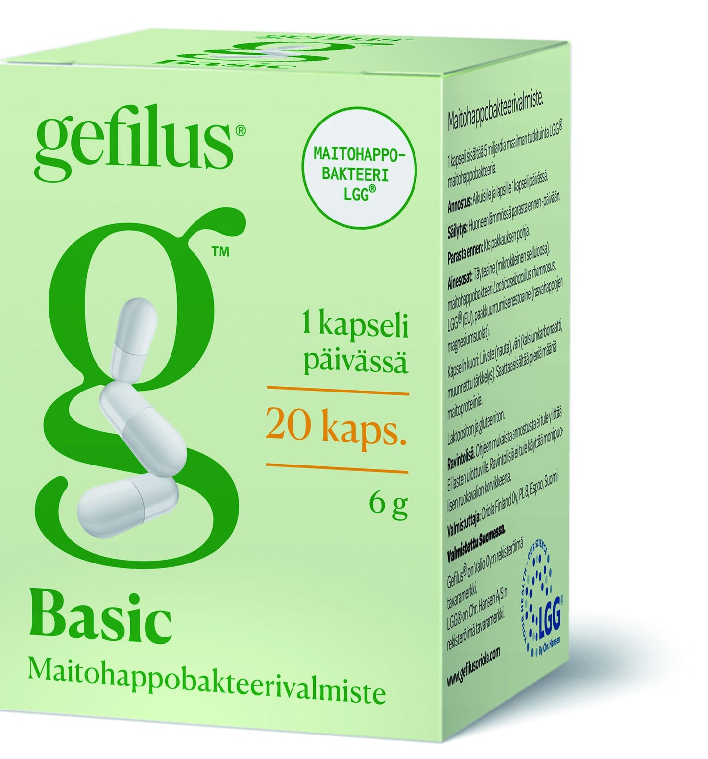 Gefilus Basic Maitohappobakteeri -pakkaus, vihreä suorakulmainen pahvilaatikko neutraalia taustaa vasten kolmen kiiltävän valkoisen kapselin vierellä; pakkaus mattapinnalla, suomenkielistä tekstiä mukaan lukien "1 kapseli päivässä, 20 kaps", lihavoitua tekstausvapaata typografiaa sekä korostus "maitohappobakteeri LGG"; ei ihmisiä tai käsiä näkyvissä.