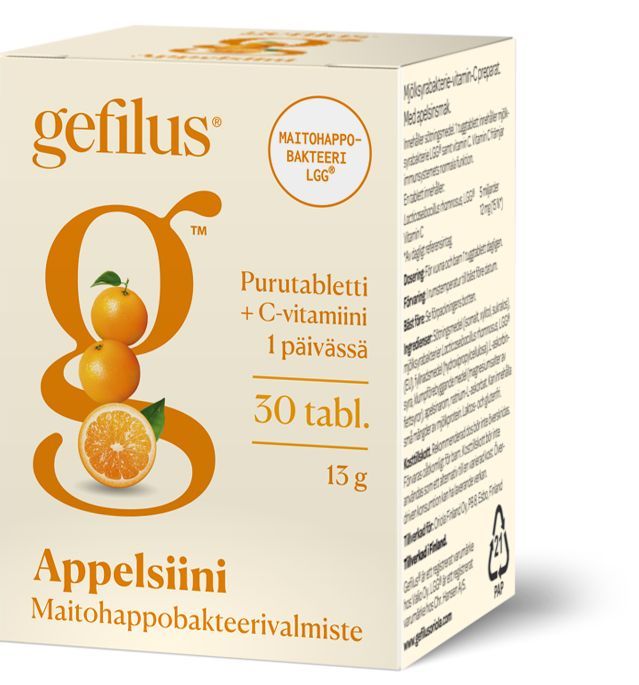 Gefilus + C Appelsiini Maitohappobakteeri; laatikko appelsiininmakuisia purutabletteja, joissa maitohappobakteereja ja C-vitamiinia; suorakulmainen pahvipakkaus mattapinnalla, pääosin valkoinen ja oranssi, kuvassa appelsiinihedelmä; suurta lihavoitua groteskitekstiä suomeksi etuosassa; ei ihmisiä tai käsiä näkyvissä, valkoinen tausta, kuva suoraan edestä.
