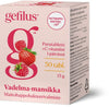 Gefilus Vadelma-Mansikka -purutablettipakkaus; pakkaus vaaleanpunainen, suorakulmainen, pahvia mattapinnalla; hedelmäkuvia (vadelma ja mansikka) painettuna etupuolelle; "Gefilus" lihavoidulla tekstausvapaalla kirjasimella; pakkaus ilmoittaa 30 tablettia, teksti pääosin suomeksi; tausta valkoinen; yksittäinen tuotekuva.