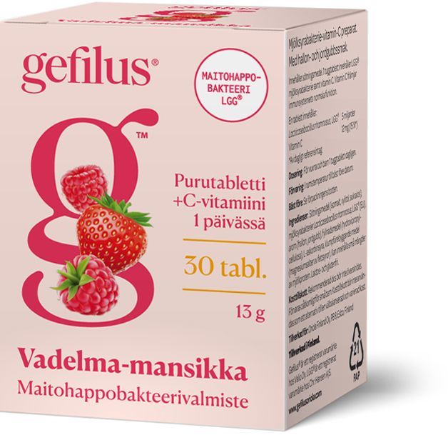 Gefilus Vadelma-Mansikka -purutablettipakkaus; pakkaus vaaleanpunainen, suorakulmainen, pahvia mattapinnalla; hedelmäkuvia (vadelma ja mansikka) painettuna etupuolelle; "Gefilus" lihavoidulla tekstausvapaalla kirjasimella; pakkaus ilmoittaa 30 tablettia, teksti pääosin suomeksi; tausta valkoinen; yksittäinen tuotekuva.