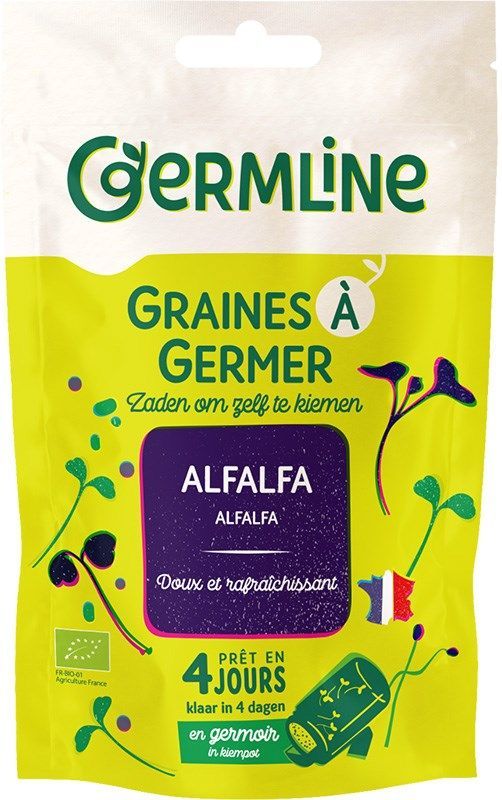 Germline Luomu Alfalfansiemen -itämissiemenet; pakkaus värikkäin kasvikuvituksin, ranskan- ja hollanninkielistä tekstiä sekä Ranskan lipun kuva; ilmoittaa siementen olevan valmiita itämään 4 päivässä; suorakulmainen, mattapintainen pakkaus lihavoidulla groteskibrändifontilla; ei ihmisiä tai käsiä; tuote kuvattu keskitetysti vaalealla taustalla suoraan edestä.