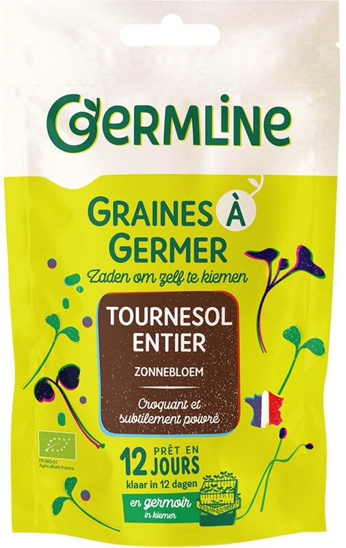 Germline Luomu Auringonkukansiemen -itämissiemenet, kokonaiset; keltainen pakkaus, jossa iloisia kuvituksia auringonkukan idusta ja maininta sadonkorjuusta 12 päivässä; suorakulmainen, mattapintainen pakkaus; etiketin fontti groteski, lihavoitu ja tummasävyinen; monivärisiä painettuja grafiikoita; ei ihmisiä tai käsiä; neutraali, siisti tausta.