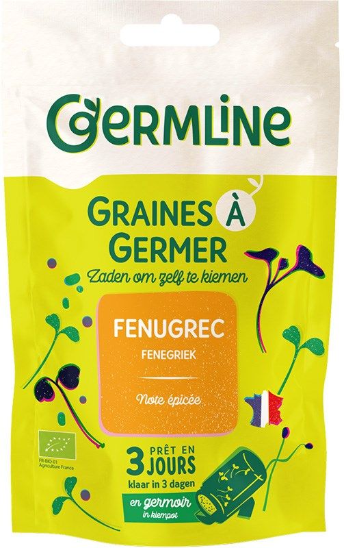 Germline Luomu Sarviapilansiemen -itämissiemenet; kirkkaanvihreitä ja keltaisia värejä sekä idun kuvituksia; ranskan- ja hollanninkielistä tekstiä tuotteesta ja sen mausta; pakkaus suorakulmainen, kiiltävää paperia tai kartonkia; groteskityyppiä; ei ihmisiä tai käsiä; kuvattu vaalealla taustalla suoraan edestä.