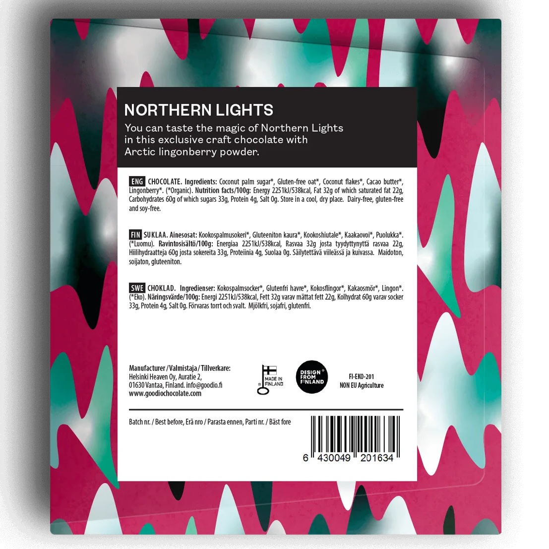 Goodio Northern Lights Luomusuklaa 20% takaa, ainesosat ja ravintosisältö