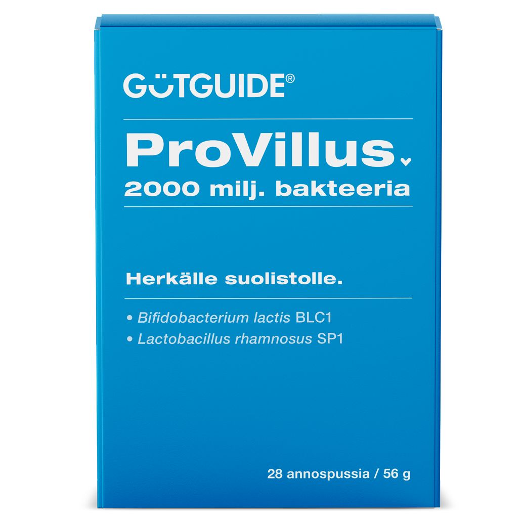 GutGuide ProVillus -pakkaus edestä, 2000 miljoonaa bakteeria, herkälle suolistolle