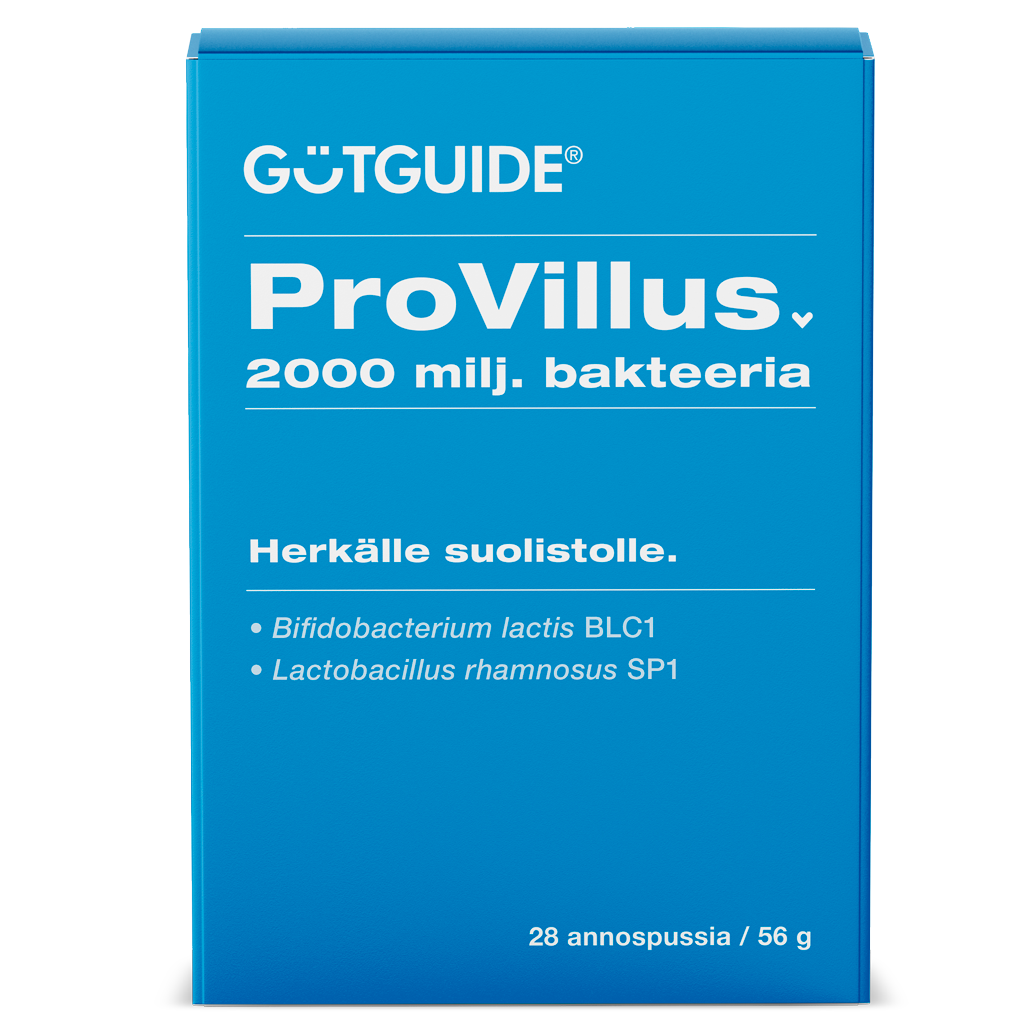 GutGuide ProVillus -pakkaus edestä, 2000 miljoonaa bakteeria, herkälle suolistolle