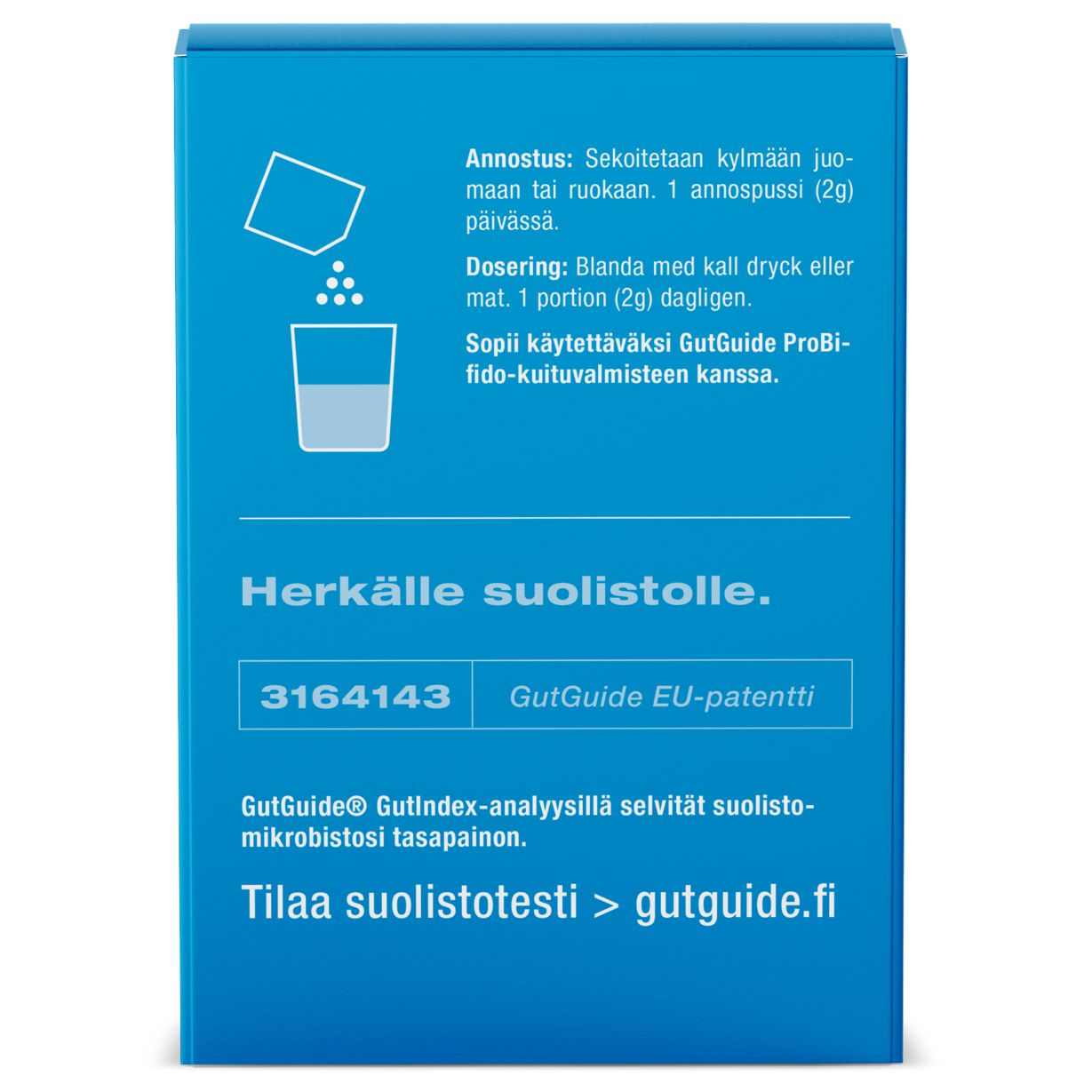 GutGuide ProVillus -pakkauksen kääntöpuoli annostusohjeineen ja patenttimerkintöineen