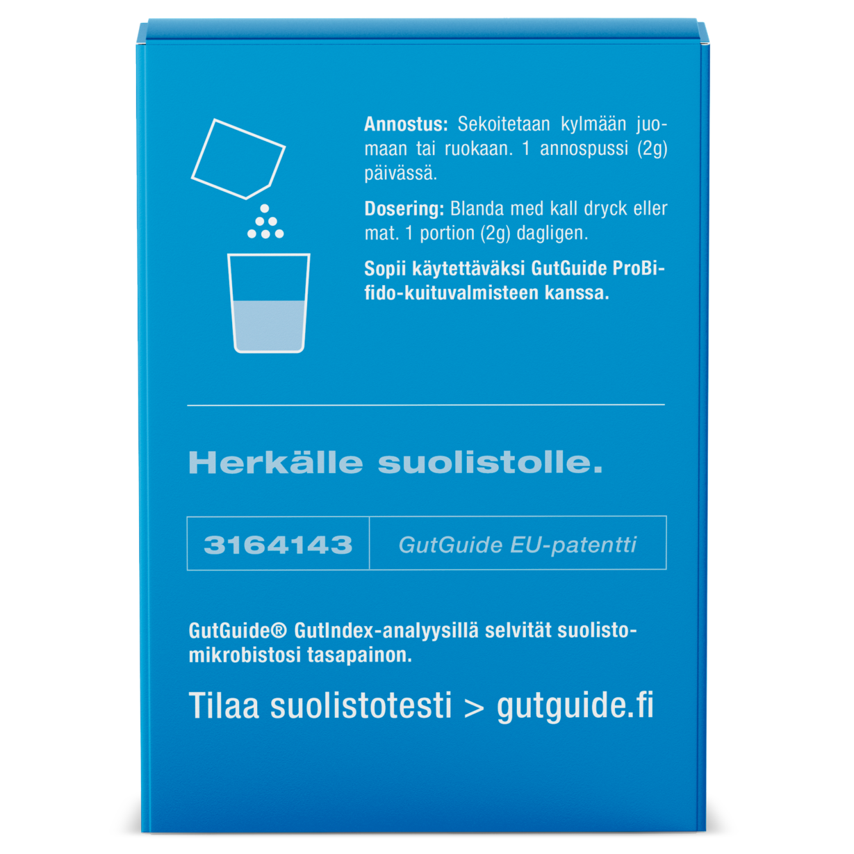 GutGuide ProVillus -pakkauksen kääntöpuoli annostusohjeineen ja patenttimerkintöineen