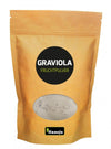A brown resealable pouch labeled Graviola Fruchtpulver with a transparent window reveals white powder inside. The surface finish is matte. The brand name Hanoju appears at the bottom in bold yellow lettering on a black background. All text is sans serif. The package stands upright against a plain white background and there are no people or additional objects in the image.