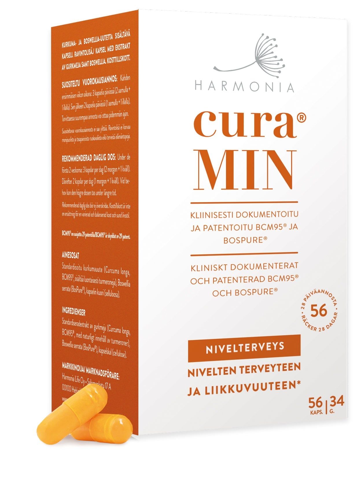 Harmonia curaMIN ravintolisä; valkoinen ja oranssi suorakulmainen pakkaus mattapintaisena, edessä kaksi oranssia kapselia; lihavoitu groteskikirjasin; teksti suomeksi ja ruotsiksi kertoo tuotenimen, 56 kapselin määrän ja ravintolisän hyödyt; kuvattu valkoisella taustalla ilman ihmisiä tai muita esineitä.