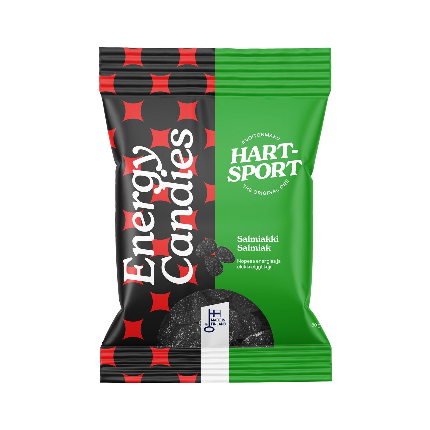 A green and black bag labeled Energy Candies with Hartsport and Salmiakki Salmiak. The package features a geometric red and black pattern, matte finish, rectangular shape, and clear plastic window showing dark oval candies in the center. Text is bold sans-serif in white, set horizontally. Plain white background, no people or hands present, product shown front-facing at eye level.