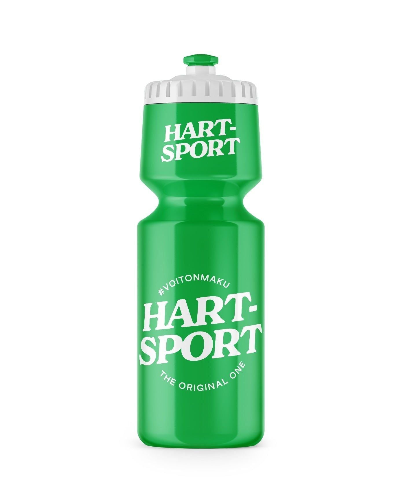 Hart-Sport Pulloteline; vihreä urheilujuomapullo valkoisella korkilla, tekstillä HART-SPORT suurin valkoisin kirjaimin sekä pienempi teksti #VOITONMAKU ja THE ORIGINAL ONE; muovinen ja mattapintainen, sylinterimäinen ja hieman kapeneva muoto; pääetiketti lihavoitua groteskia, pienempi lisäteksti kapeampaa fonttia; ei pakkausta näkyvissä; tausta yksinkertainen, ei ihmisiä eikä käsiä, studiokuva suoraan edestä.