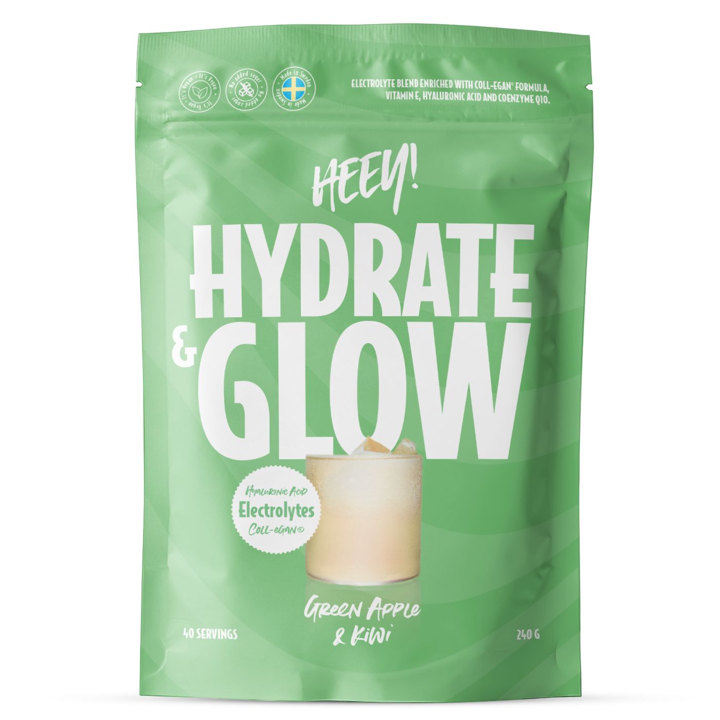 Heey! Hydrate &amp; Glow Green Apple & Kiwi & elektrolyytit + Coll-egan, 240 g