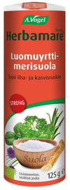 A.Vogel Herbamare Strong Luomu Yrttisuola; sylinterinmuotoinen purkki A.Vogel Herbamare Strong Luomu Yrttisuolaa, etiketissä luomuyrttejä ja kulho suolaa; suomenkielinen teksti kuvaa tuotteen luomuksi, vegaaniseksi yrttisuolaksi liha- ja kasvisruokiin sopivana, 125 g; purkki pystyssä vihreällä kannella; A.Vogel-logo etiketin yläosassa; tuoreiden yrttien kuvia näkyvissä suolakulhon vierellä; etiketissä teksti "Herbamare Strong", "Luomu Yrttisuola" ja "125 g"; valkoinen tausta, ei ihmisiä tai käsiä kuvassa.