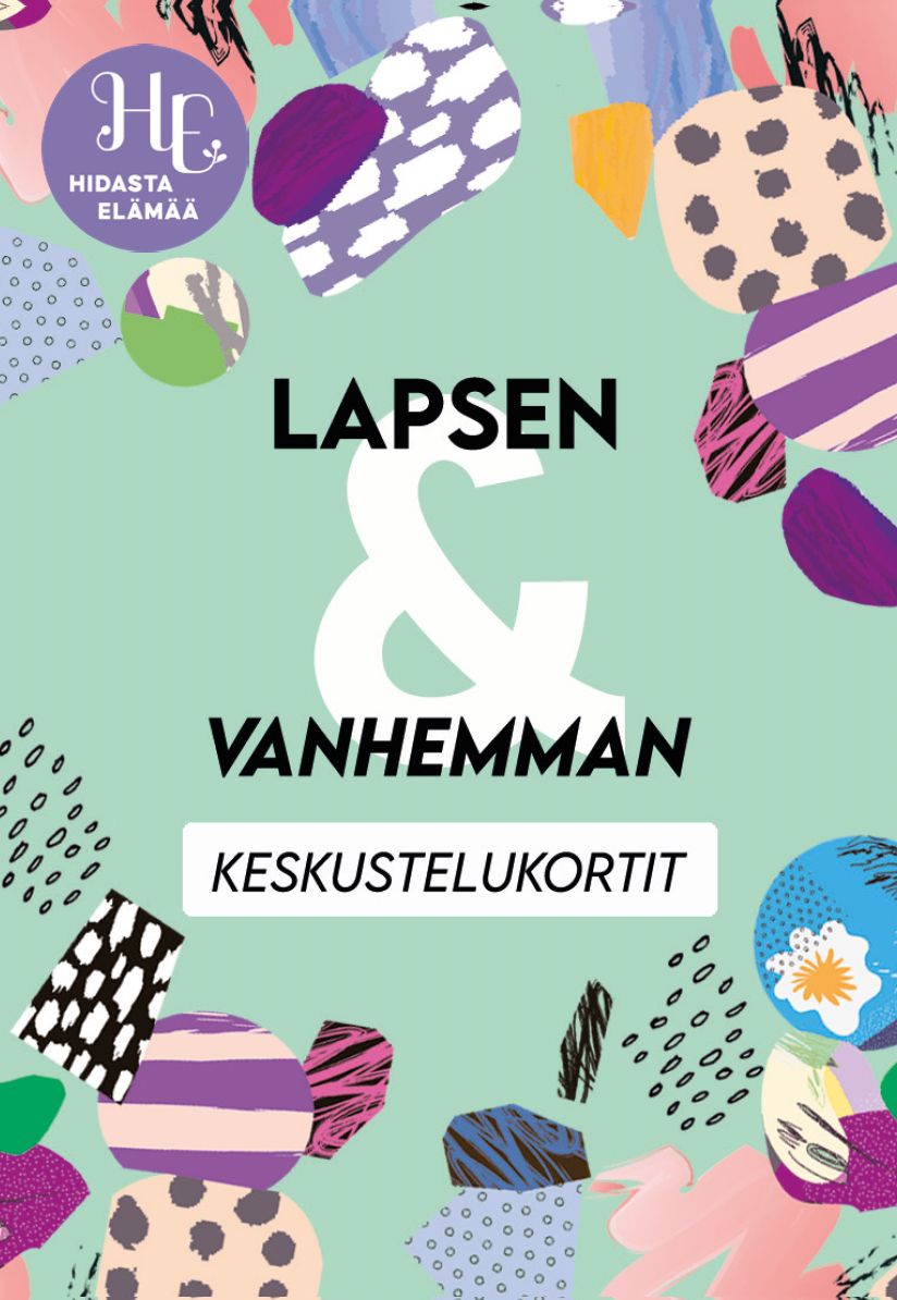 Product photo shows a pack of cards. The background is colorful and abstract. Finnish text “Lapsen & Vanhemman Keskustelukortit” appears in bold letters on the packaging. Top left corner features a round “Hidasta Elämää” logo. Product has clean lines, no visible people or hands, and image is shot straight on against the abstract backdrop.