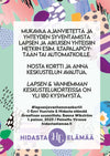 A Finnish card designed to deepen connections between children and adults, encouraging meaningful conversation. Rectangular card on a flat surface, with a matte finish and visible corners. Purple and pastel abstract graphics form the background. Legible text includes hashtags plus design and publishing credits in simple sans-serif type. No people or hands visible in the shot.