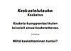 Card with white background and black sans-serif text, matte surface, rectangular shape. Legible text reads: Keskustelutauko: Kosketus. Kosketa kumppaniasi kuten toivoisit sinua kosketettavan. Miltä koskettaminen tuntui? No other graphics or logos present, no hands or people in the frame, photographed against a plain neutral backdrop.