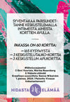 A card describing a relationship game featuring 60 cards with 165 questions and discussion prompts. Rectangular card with matte finish, white background overlaid by green, pink, and white paint strokes. Text is centered in clean sans-serif font. The bottom edge includes the legible label “Hidasta Elämää”. No people or hands are visible in the shot. Plain background.