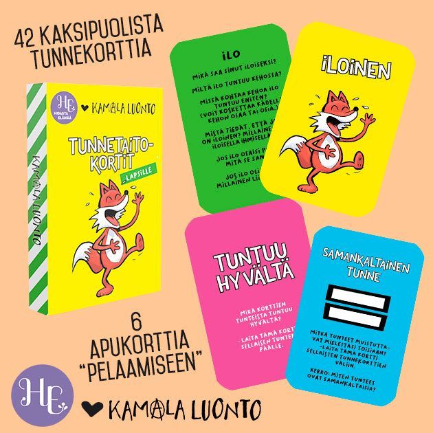 Hidasta Elämää Tunnetaitokortit Lapsille; sarja värikkäitä suomalaisia lasten tunnetaitokortteja kettuhahmoineen, kuusi apukorttia ja tietoja Kamala Luonto -pelistä persikanvärisellä taustalla; kortit suorakulmaisia pyöristetyin kulmin, mattapintaista kortonkia, lihavoitua sans-serif-tekstiä; ei näkyvää pakkausta tai käsiä; kuvattu ylhäältäpäin.