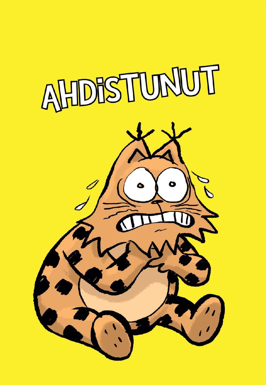 Hidasta Elämää Tunnetaitokortit Lapsille; tuote, jossa sarjakuvamainen, suurisilmäinen ja hikoileva kissa huolestuneen näköisenä keltaisella taustalla; teksti "AHDISTUNUT" painettu kissan yläpuolelle lihavoiduin versaalikirjaimin; pinta mattainen; ei ihmisiä tai käsiä näkyvissä; kuva suoraan edestä ilman lisäpakkausta tai tarvikkeita.