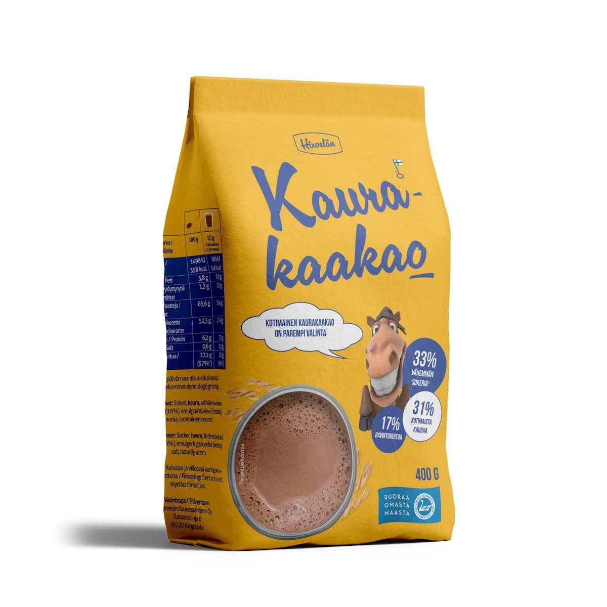 A yellow 400g package of Kaura-kaakao oat cocoa features a cartoon horse illustration, nutrition information panel, and a photographic image of a cup of cocoa on the front. The text is blue and white with varied font sizes. The packaging is rectangular with a matte finish. No people or hands are present; neutral background in a typical product shot.