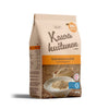 A 400g package of Kaura kuitunen, a Finnish oat fiber supplement. Rectangular pouch with matte beige and orange colors. The front shows a bowl of oat fiber powder photo and displays legible product name, weight, and nutritional information in clear sans-serif font. Packaging material is flexible plastic. Background is plain white with no other objects or people present.
