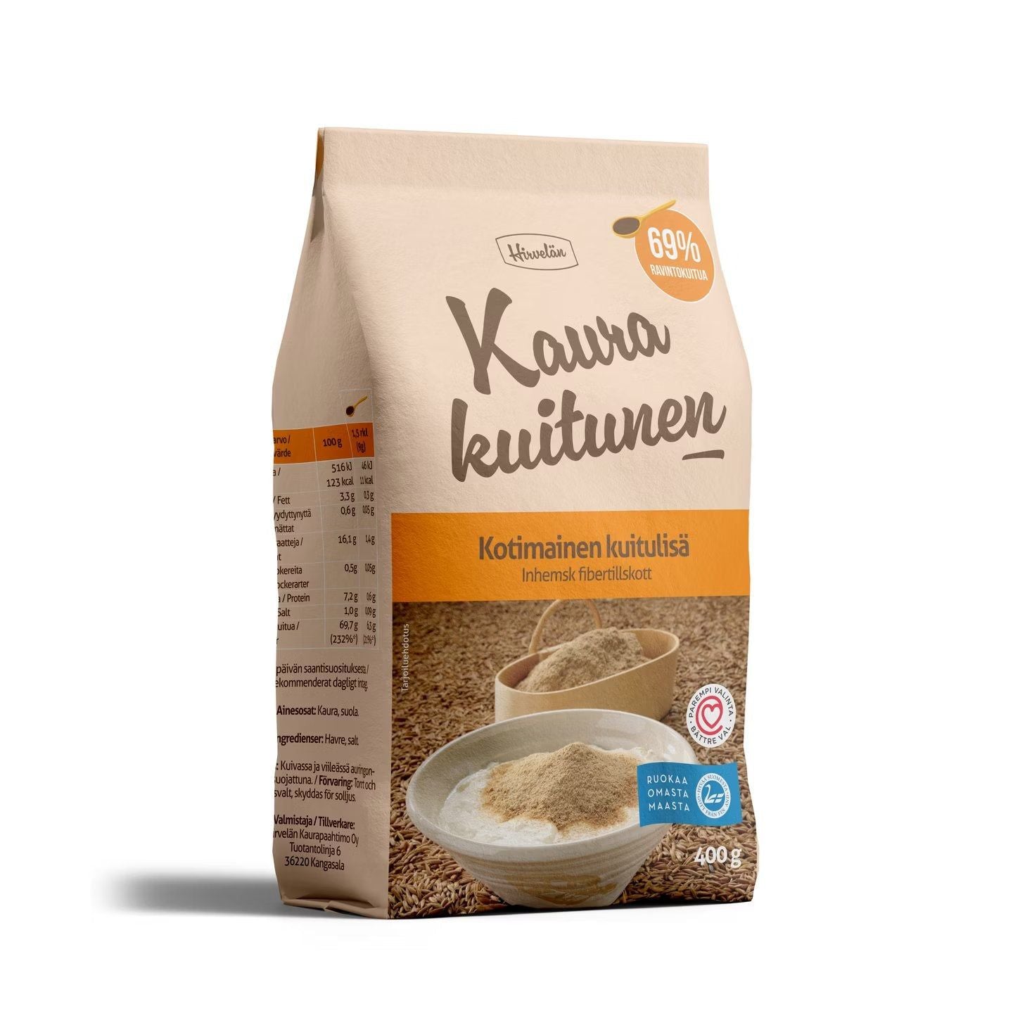A 400g package of Kaura kuitunen, a Finnish oat fiber supplement. Rectangular pouch with matte beige and orange colors. The front shows a bowl of oat fiber powder photo and displays legible product name, weight, and nutritional information in clear sans-serif font. Packaging material is flexible plastic. Background is plain white with no other objects or people present.