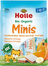 Package of Holle Bio Organic Minis fruit bars, banana-orange flavor, for babies from 12 months. Features organic ingredients with images of an orange, banana, fruit bars, and a cartoon tiger on the front. Text appears in multiple languages. Rectangular package with matte finish; main colors are white and yellow-orange. Bold sans-serif typography is used for brand and product names. No people or hands present; neutral background with no additional elements visible in the image.